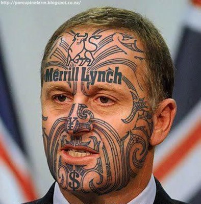 John Key with Merrill Lynch moko - pic: RadioLIVE (click)