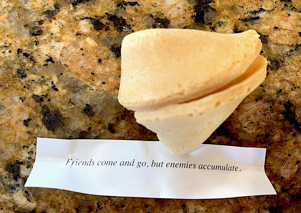 Fortune cookie: Friends come and go; but enemies accumulate.