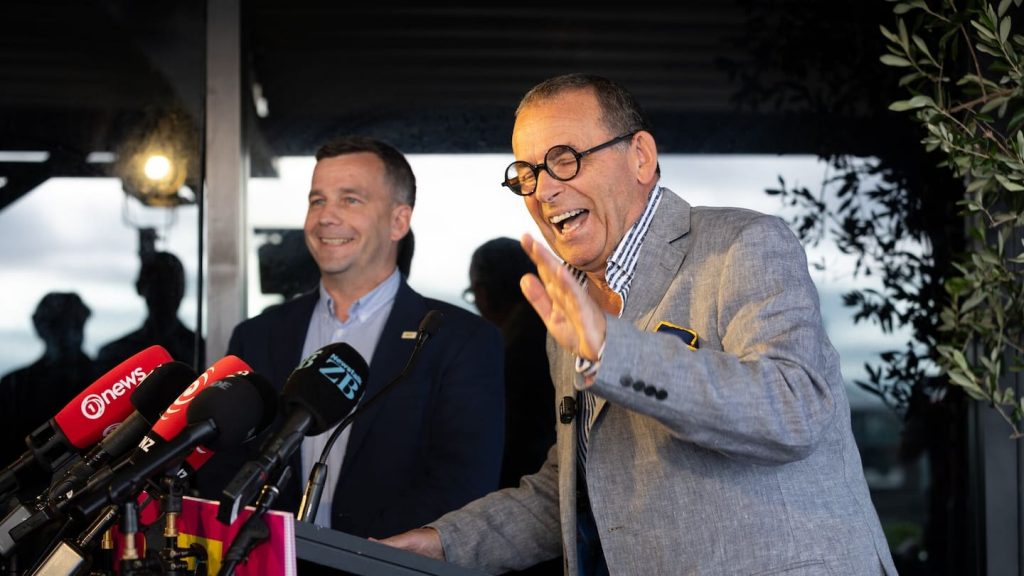 Paul Henry entertaining himself and David Seymour at the announcement of his resignation from TVNZ board.